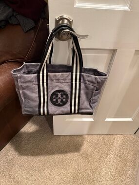 Tory Burch Gray Canvas Tote with Black & Cream Striped Handles